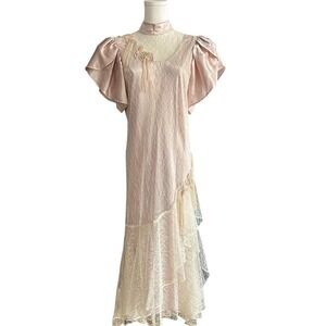 Vintage 80s Cachet by Bari Protas Lace Gown - Pink‎ Pearl Beaded Edwardian Dress